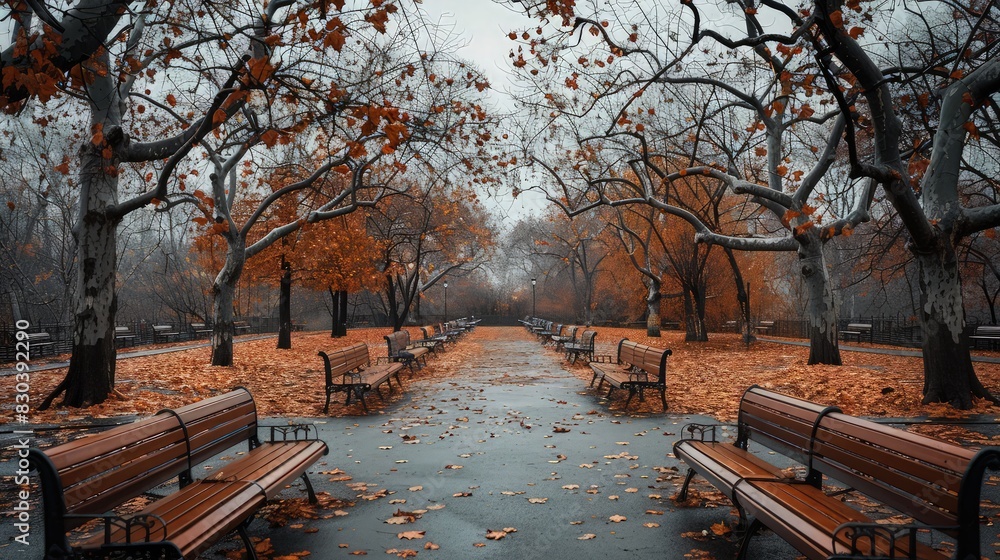 Poster an empty park with rows of benches and leaf-strewn walkways, framed by trees with branches reaching 