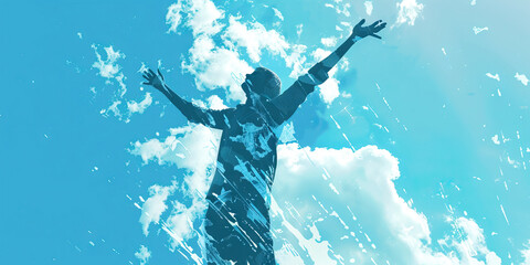 Celestial Strive: A figure stretching towards the heavens, embodying hope and ambition, with a soft pastel blue hue evocative of serenity and peace.