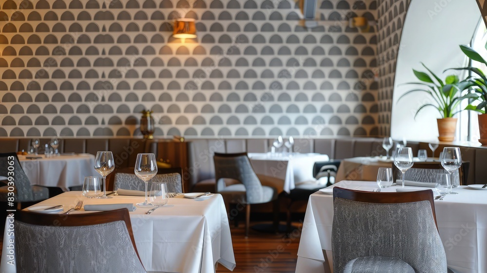 Poster an upscale restaurant with an intimate ambiance, achieved through walls adorned with extra small arc