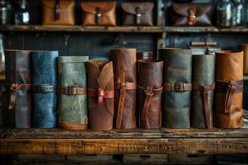 Fototapeta premium A collection of colorful leather journals with straps displayed on a wooden shelf, capturing craftsmanship and vintage style
