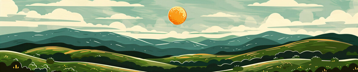 Obraz premium Rural landscape with hills and meadows. Retro graphic style. Spring sunny field with grass and flowers. Farming, harvest, vineyard concept. Retro illustration for background, poster, banner, card