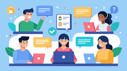 An online discussion board filled with students questions and comments about a reading assignment connecting them despite physical distance.. Vector illustration