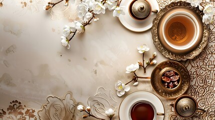 about Ramadan Kareem greeting card, invitation. Ornamental tea, coffee cup, bronze plate with dates fruit, white blooming prunus tree branch on white table. Iftar dinner. Eid ul Adha banner background