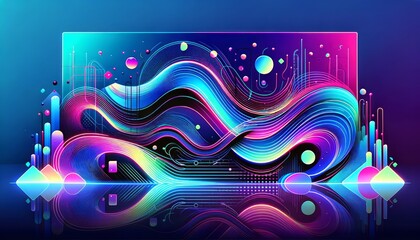 Abstract Neon Lines and Geometric Shapes with Gradient Background and Reflections