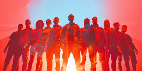 Obraz premium Solidarity (Red): A group of figures standing shoulder to shoulder, symbolizing unity and solidarity among Gen Z protesters