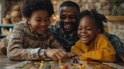 Family playing a board game together at home, laughing and having fun