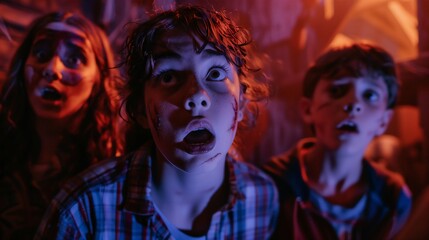 Obraz premium Terrified Kids in Haunted House Experience, Spooky Halloween Night, Horror and Suspense, Dramatic Lighting, Frightened Expressions