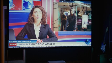 Journalist woman in newscast production talking about cybercriminals attacks subject, close up shot...