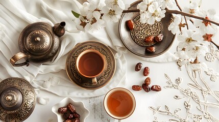 about Ramadan Kareem greeting card, invitation. Ornamental tea, coffee cup, bronze plate with dates fruit, white blooming prunus tree branch on white table. Iftar dinner. Eid ul Adha banner background