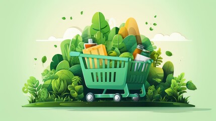 Ecofriendly shopping experience, flat design, front view, green consumerism theme, cartoon drawing, Complementary Color Scheme