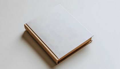 A rectangular white book with a wooden spine rests on a white table