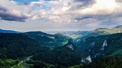 Naklejka premium Aerial view of historical Semmering railway bridge in Austria, cloudy day