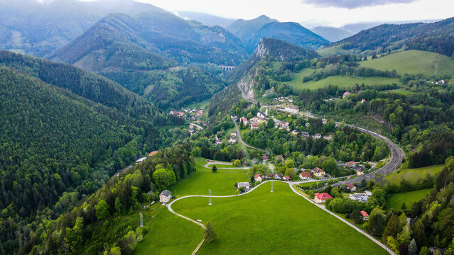 Aerial view of historical Semmering railway bridge in Austria, cloudy day