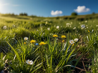 Background Green Field with Wildflowers Flowers 
