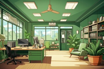 Fototapeta premium Energy conservation office, flat design, front view, green workspace theme, cartoon drawing, Complementary Color Scheme