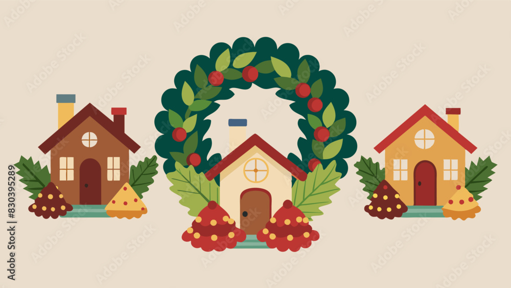 Poster homes are adorned with wreaths made of pine cones and berries adding a touch of rustic charm to the 