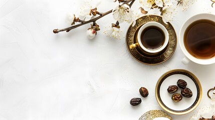 about Ramadan Kareem greeting card, invitation. Ornamental tea, coffee cup, bronze plate with dates fruit, white blooming prunus tree branch on white table. Iftar dinner. Eid ul Adha banner background