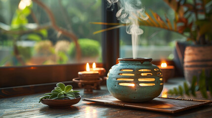 aromatherapy decor, earthenware oil burner diffusing a calming scent of eucalyptus and mint,...