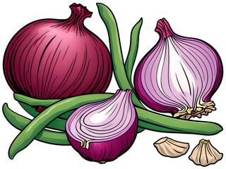 vector illustration of red onion, garlic clove and green beans, clip art