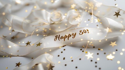 Celebrating 50, happy text in festive font, marking a joyful milestone, perfect for birthday invitations, anniversary announcements, or celebratory designs with a cheerful and vibrant theme