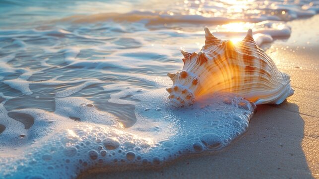 beach meditation, a conch shell peacefully resting on the sandy beach, shimmering in the sunlight, symbolizing peace and serenity by the sea