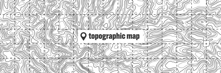 Topographic map with contour lines. Geographic terrain grid, relief height elevation. Ground path pattern. Travel and navigation, cartography design element. Vector illustration
