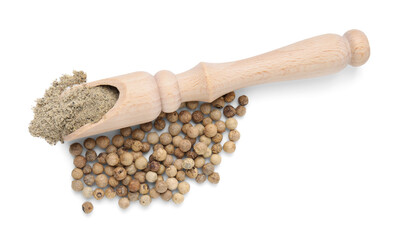 Aromatic spice. Ground pepper in scoop and peppercorns isolated on white, top view