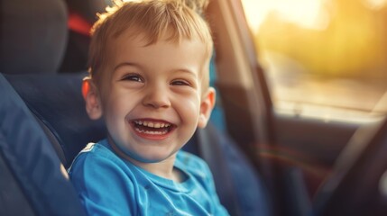 A little boy sitting in a car smiling, wearing a blue T-shirt, a happy child with short hair, a smiling child in a close-up portrait with a blurred background, sunlight from natural light shining on h