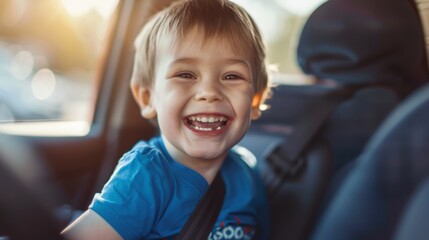 A little boy sitting in a car smiling, wearing a blue T-shirt, a happy child with short hair, a smiling child in a close-up portrait with a blurred background, sunlight from natural light shining on h