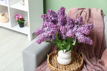 Stylish interior of living room with bouquet of lilacs branches on comfortable sofa