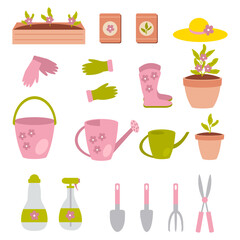 Hand drawn taking care of flowers and seedlings clipart collection. Summer gardening tools and workwear flat set. Vector illustration isolated on white background.