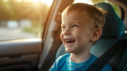 A little boy sitting in a car smiling, wearing a blue T-shirt, a happy child with short hair, a smiling child in a close-up portrait with a blurred background, sunlight from natural light shining on h