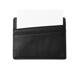 Leather business card holder with blank card isolated on white, top view