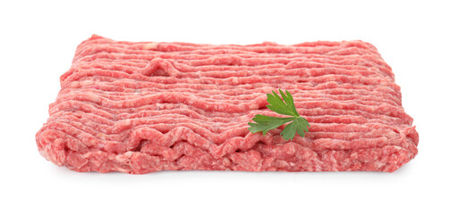 Raw ground meat and parsley isolated on white