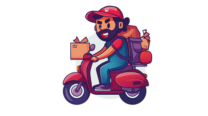 "Cute Male Courier on Motorcycle: Cartoon Vector Illustration for Package Delivery"