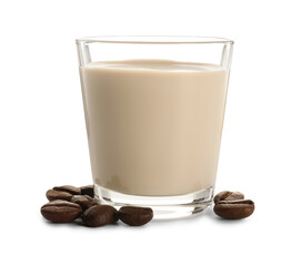 Glass of coffee cream liqueur and beans isolated on white