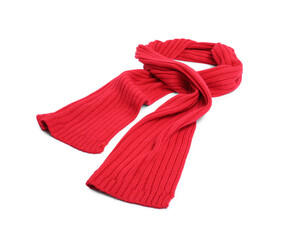 One red knitted scarf on white background