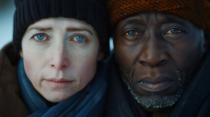 Fototapeta premium A close-up portrait of two individuals wearing winter clothing, showing the various facial features and skin tones, highlighting the diversity and stark emotions of cold weather