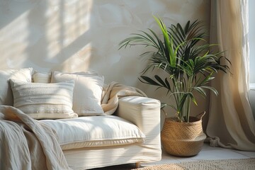 minimalist interior design, sleek living area with white sofa and lone potted plant exemplifying new age minimalism, promoting a serene, clutter-free atmosphere