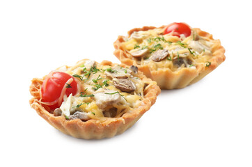 Tasty tartlets with cheese, tomatoes, mushrooms and dill isolated on white