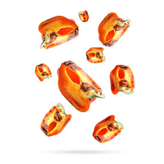 Slices of grilled bell peppers in air on white background