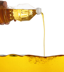 Man pouring cooking oil from bottle on white background, closeup