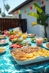 Naklejka premium A delightful outdoor summer brunch party with an array of colorful dishes, fresh fruits, and beverages on a beautifully set table, perfect for a sunny day gathering
