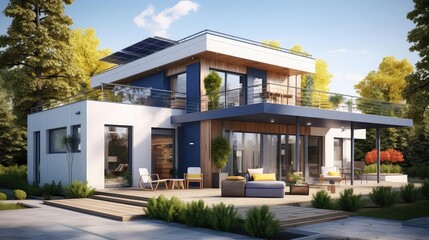 Passive house with solar shading, flat design, front view, sustainable living theme, animation, vivid