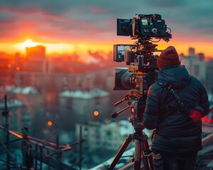 Fototapeta premium A filmmaker on a movie set operating a large pantilt camera crane to capture a dramatic sunrise over a bustling cityscape