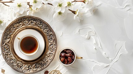 about Ramadan Kareem greeting card, invitation. Ornamental tea, coffee cup, bronze plate with dates fruit, white blooming prunus tree branch on white table. Iftar dinner. Eid ul Adha banner background