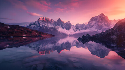 Serene Mountain Landscape at Dawn with Snow-Capped Peaks and Reflective Lake