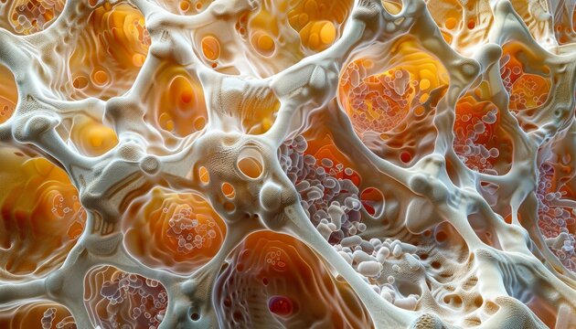 A highly magnified image of healthy bone marrow cells, showing a detailed view of the spongy texture and cell structure