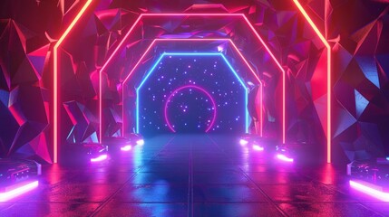 Futuristic sci-fi corridor geometric glowing neon lines background