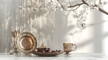 about Ramadan Kareem greeting card, invitation. Ornamental tea, coffee cup, bronze plate with dates fruit, white blooming prunus tree branch on white table. Iftar dinner. Eid ul Adha banner background
